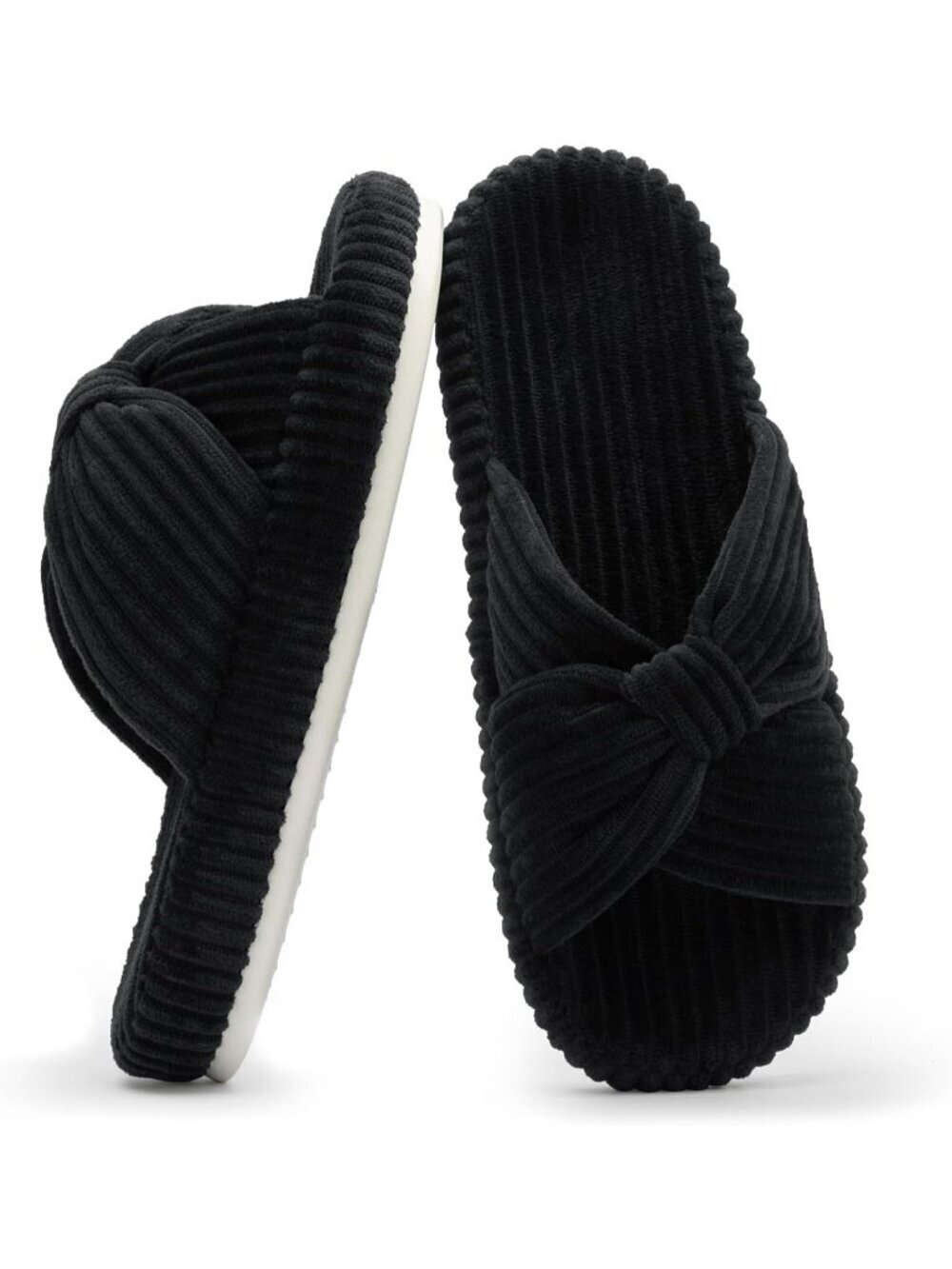 Women's Black Memory Foam House Corduroy Bow Crossbands Comfy Soft Slipper Shoes